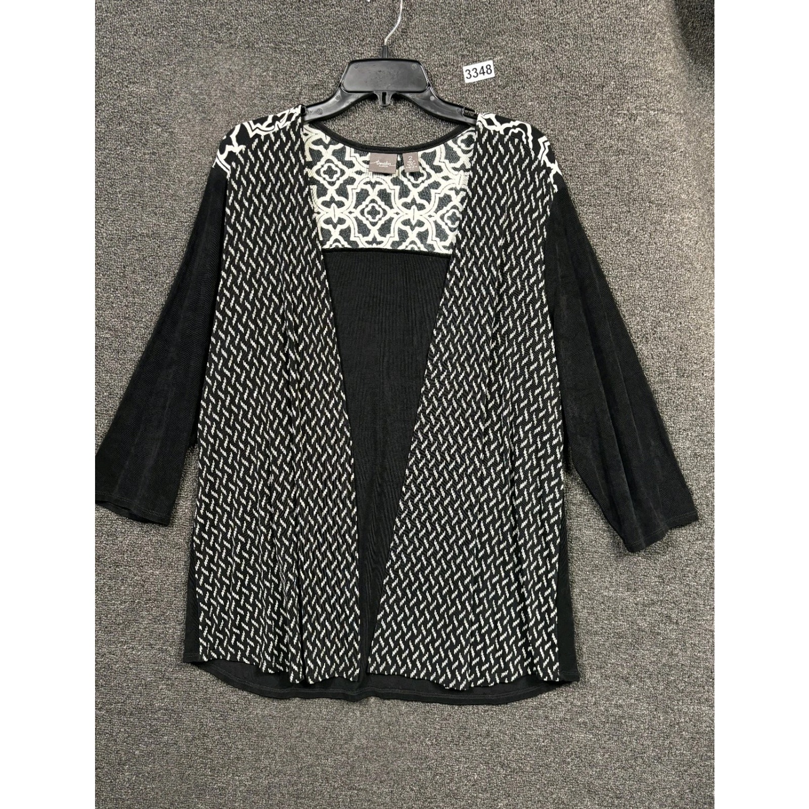Chico’s Open Front Cardigan Sweater Womens Size 2 Us L Black & White Geometric